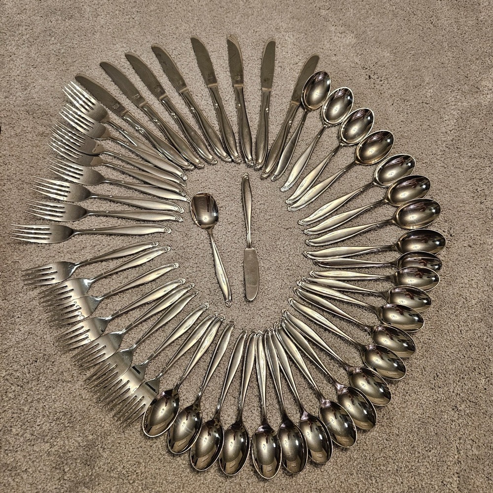 VTG‎ Everbrite Deluxe Stainless Flatware Set 50 Pc Japan w/ Box Scroll Pattern